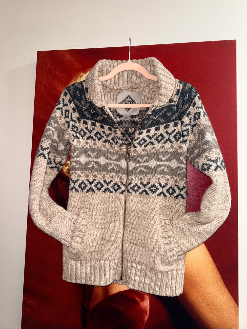 Chunky Fair Isle Zip Cardigan Sweater - Beige & Gray